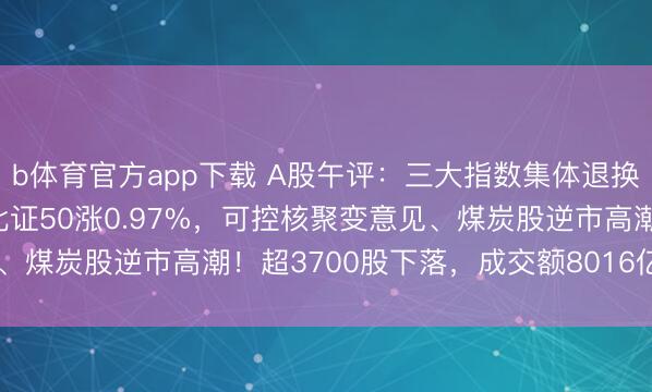 b体育官方app下载 A股午评：三大指数集体退换，创业板指跌0.63%北证50涨0.97%，可控核聚变意见、煤炭股逆市高潮！超3700股下落，成交额8016亿缩量845亿